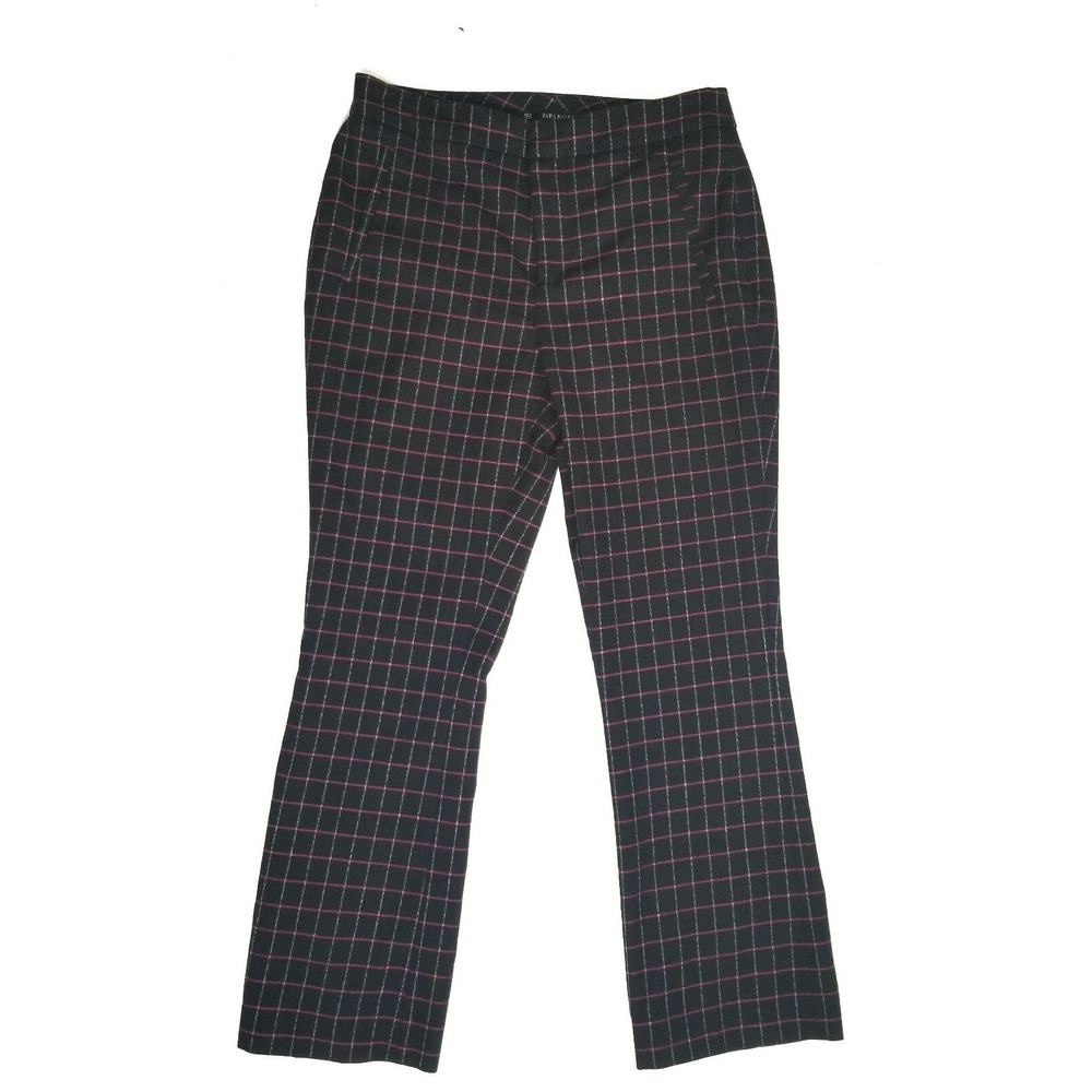 Zara Basic Womens Windowpane Plaid Cropped Pants Size 4 Wool Blend Black Red